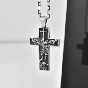 St Michael the Archangel in cross medallion necklace, Archangel Michael pendant necklace in 14K gold, Christian sterling silver necklace