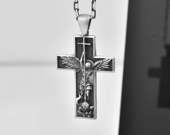 St Michael the Archangel in cross medallion necklace, Archangel Michael pendant necklace in 14K gold, Christian sterling silver necklace