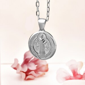 St Benedict medal necklace in 14k gold, Saint Benedict medal necklace for religious gift, Christian gift for Mother days in polished silver