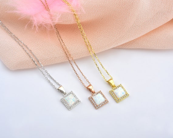 14K Gold Square Opal Pendant Dainty Opal Necklace Gold Opal | Etsy