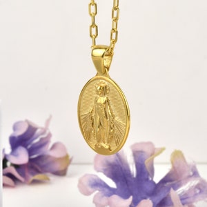 Jungfrau Maria Anhänger Halskette für Frau, christliche Halskette aus 14K oder 18K Gold, religiöse Halskette für Sie, silberne Jungfrau Maria Geschenkhalskette