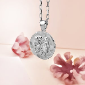 Janus Roman mythology pendant necklace inpolished silver, 14K gold coin pendant necklace for best friend, Coin necklace gift for sister