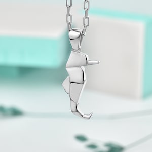 Seahorse necklace in polsihed silver or oxidized, 14K gold seahorse origami jewelry for women, Good luck 925 silver necklace for mama