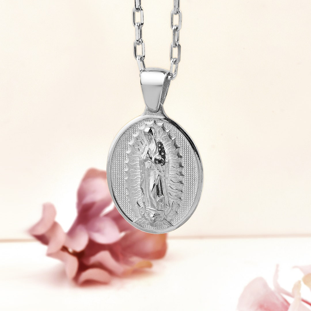 9ct White Gold Miraculous Mary Medal Pendant By Jewellerybox