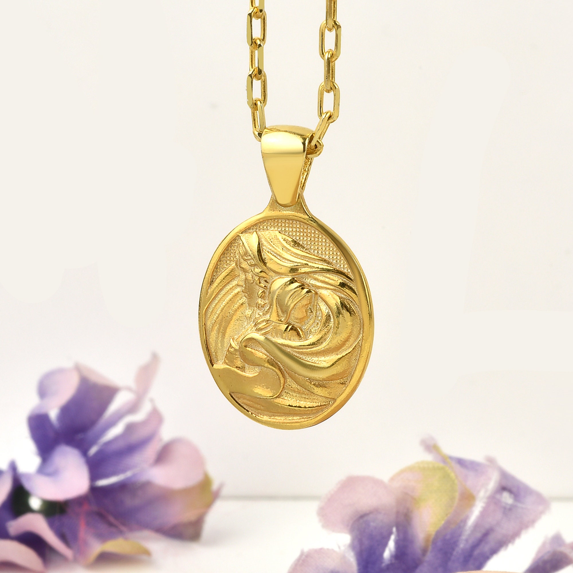 Baby Jesus and Virgin Mary necklace for mom, Christian necklace for sister, Mother Mary necklace in 10K or 14K gold, Mother days silver gift