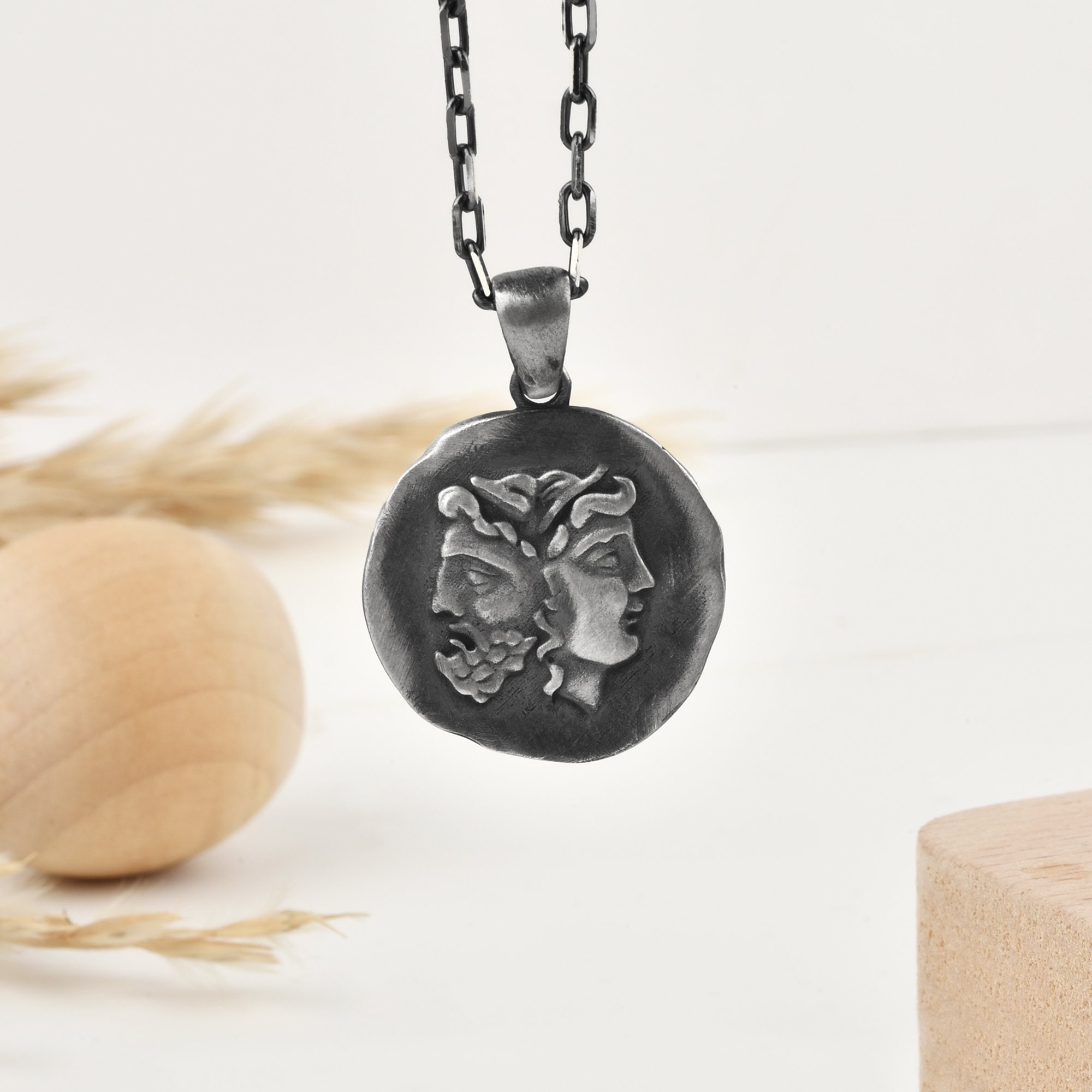 Janus Roman mythology pendant necklace in oxidized silver, 14K gold coin pendant necklace for best friend, Oxidized silver coin necklace