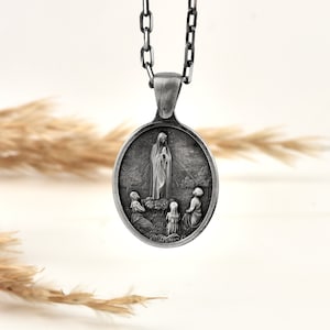 Our Lady of Fatima religious necklace in sterling silver for Catholic, Mother Mary pendant necklace for mama, Virgin Mary charm necklace