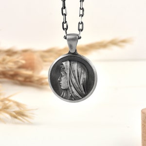 Virgin Mary pendant necklace in 10K or 14K gold, Mother Mary necklace for Motherdays gift in oxidized silver, Christian necklace for mama