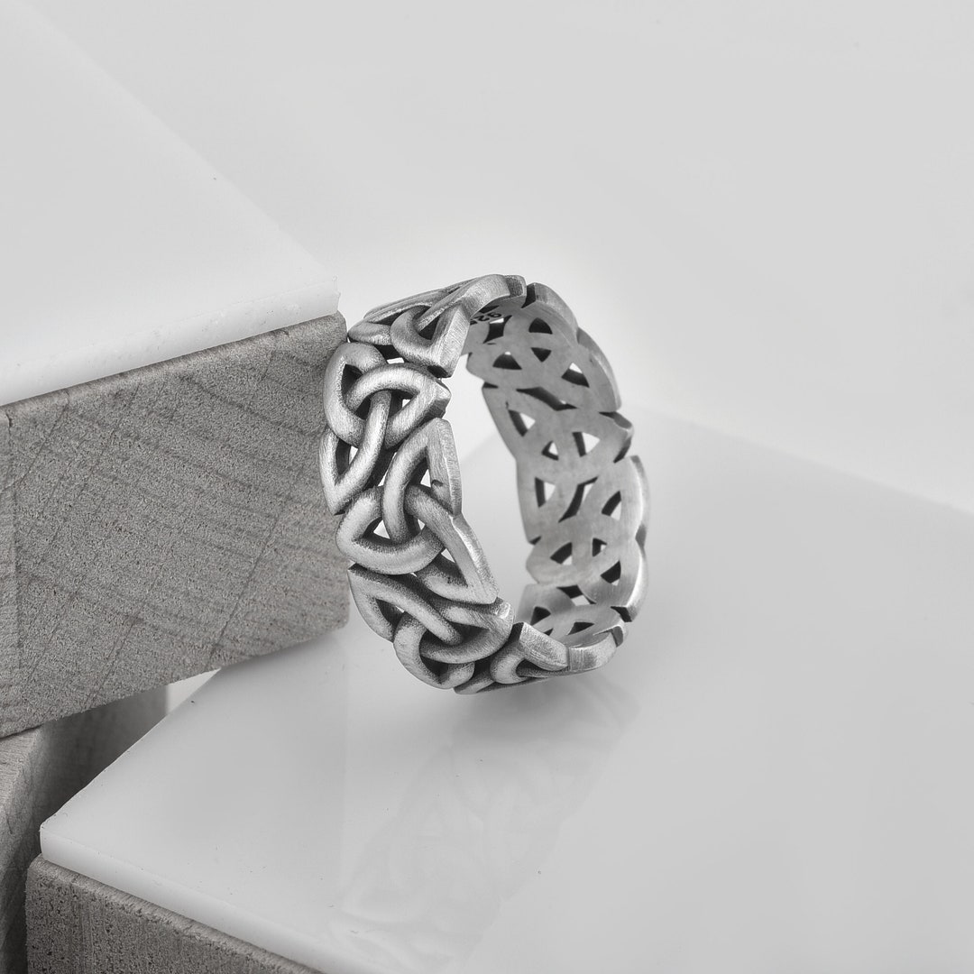 Celtic Wedding Band Ring in Oxidized Sterling Silver Trinity Knot Gold