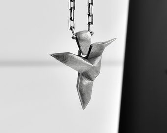 Hummingbird necklace in gold plated or oxidized, Hummingbird origami jewelry for mother days gift in sterling silver, Good luck necklace