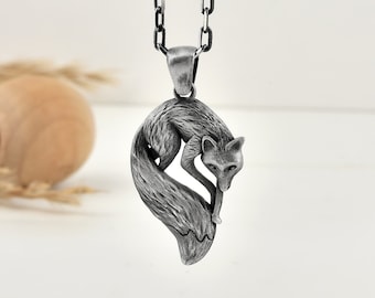 Fox 925 silver necklace, Fox charm necklace in 14K or 18K gold, Fox pendant necklace in oxidized silver, Good luck necklace for girlfriend