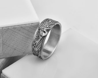 Silver Swan ring for valentines day gift, Polished silver promise ring for her, Japanese art bird ring for engagement, Animal ring