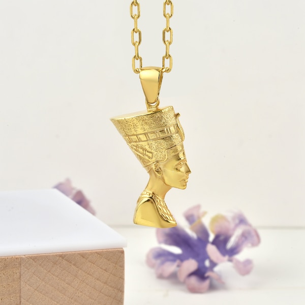 Nefertiti pendant necklace in 10K or 14K gold, Ancient Egyptian necklace for birthday gift, Silver gold plated feminist necklace for her