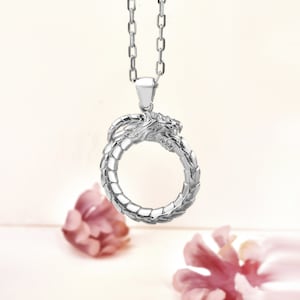 Silver ouruboros women necklace, Dragon ouroboros necklace in 14K gold, Ancient symbol ouroboros pendant for best friend, Occult necklace