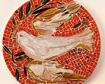 Handmade Glass Mosaic Dove Art – Shimmering White Peace Bird Wall Decor (30cm Round)