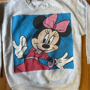 Puede incluir: Sudadera gris con un gran gr&aacute;fico de Minnie Mouse. El gr&aacute;fico muestra a Minnie Mouse con un vestido rojo y un lazo rosa sobre un fondo azul. La sudadera tiene cuello redondo y mangas largas.