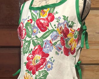Linne med knytband i sidan, vintage blommig bordsduk, *endast toppen*