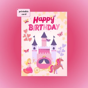 Cartão de Feliz Aniversário Infantil com Tema Princesa e Castelo para Imprimir