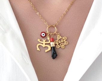 Puerto Rico Necklace with Coquí, Taíno, Azabache & Lucky Eye Charms, Boricua Jewelry