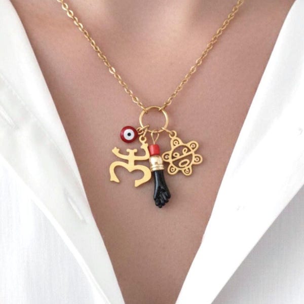 Puerto Rico Necklace with Coquí, Taíno, Azabache & Lucky Eye Charms, Boricua Jewelry