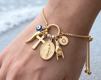 Custom Italian Charm Bracelet, Cornicello, Cross & Virgin Mary Amulet