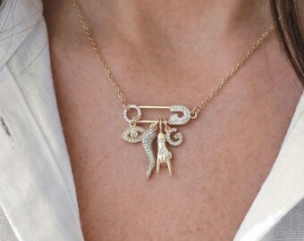 Custom Safety Pin Necklace with Cornicello & Evil Eye Italian Charms