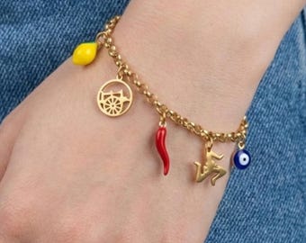 Sicilian Bracelet with Trinacria & Carretto Siciliano Charms