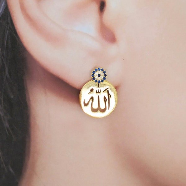 Boucles d'oreilles clous Allah en or et argent avec zircons