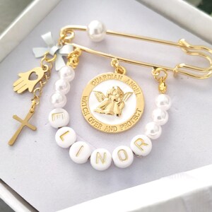 Gold Guardian Angel Baby Pin, Newborn Name Personalized Brooch, Watch Over & Protect Angel