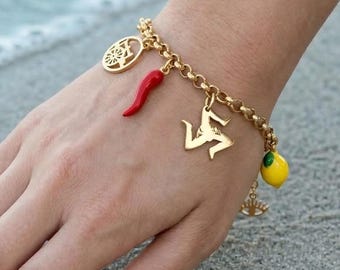 Trinacria Charm Bracelet, Sicilian Pride Symbols Jewelry Waterproof