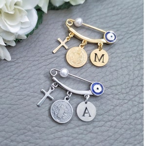 Gold Silver Saint Benedict Medal, Evil Eye Baby Pin, Personalized Baptism Gift Gender Neutral