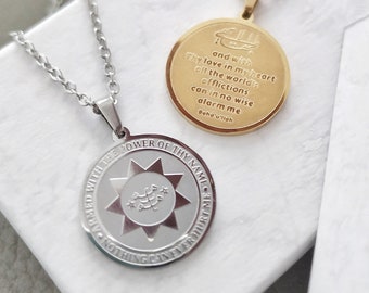 Baha'i Necklace, Armed with the Power of Thy Name, Gold Silver Stainless Steel Bahai Prayer Pendant