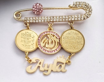 Islamic Pregnancy Gift, 4 Qul Ayatul Kursi Allah Muslim Baby Pin, Protection Dua, Gold Jewelry for Mom To Be, Newborn Girl Boy Brooch