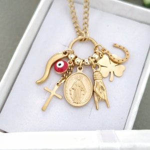 Portafortuna Italian Necklace, Good Luck Charms, Gold Cornicello, Clover, Italian Horn, Cornetto Corno Amulets, Italian Jewelry Gifts