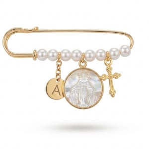 Catholic Baby Pin, Custom Mother of Pearl Virgin Mary Baptism Jewelry