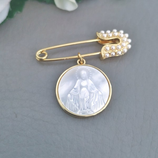 Broche de baptême fantaisie, mère de perle Vierge Marie enfant épingle à nourrice bijoux, cadeau de baptême pour garçon ou fille