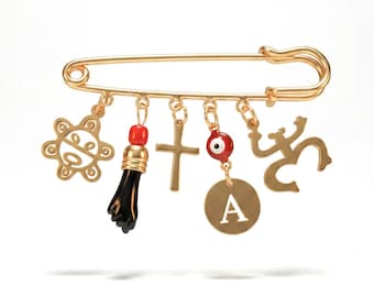 Puerto Rican Pin with Coquí, Taíno, Azabache Charms, Custom Boricua Jewelry