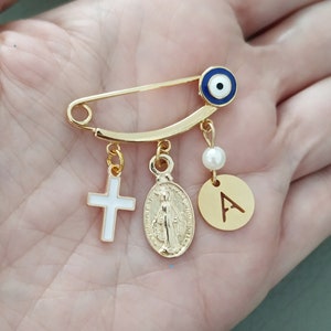 Gold Virgin Mary Baby Safety Pin, Swaddle Evil Eye Baby Brooch, Orthodox Catholic Baby Gift