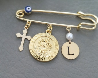 St Christopher Brooch, Safety Pin for New Baby, Travelers Protection, Personalized Baptism Gift, Catholic Jewelry