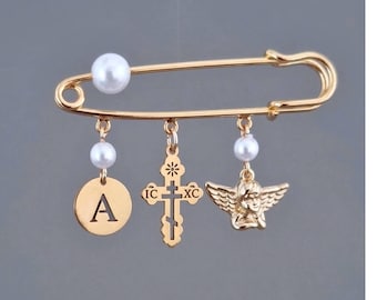 Personalized Baptism Pin with Tree Bar Orthodox Cross & Angel Charms