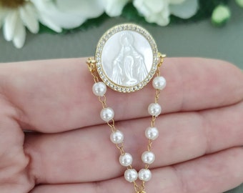 Elegant Baptism Rosary Pin Brooch, Carved Mother of Pearl Virgin Mary Jewelry, Child Cross Christening Gift Boy Girl, Gender Neutral Gifts