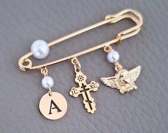 Custom Baptism Baby Pin with Eastern Orthodox Cross & Angel Charms