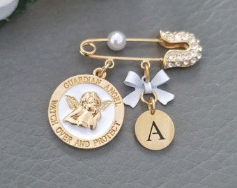 Guardian Angel Pin, Gold Watch Over and Protect Baby Brooch, Custom Boy Girl Christening Gifts, Child Keepsake