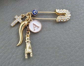 Gold Italy Horn Pin, Mano Cornuto Hand Brooch, Cross, Evil Eye Protection, Blessing, Good Luck, Italian Baby Spilla da Balia, Kids Gifts