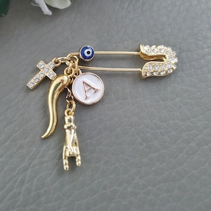 Gold Italy Horn Pin, Mano Cornuto Hand Brooch, Cross, Evil Eye Protection, Blessing, Good Luck, Italian Baby Spilla da Balia, Kids Gifts