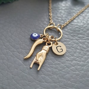 Custom Italian Horn Necklace, Mano Con Corna, Malocchio Cornicello Pendants, Gold Titanium Jewelry, Portafortuna Italy Gift Women