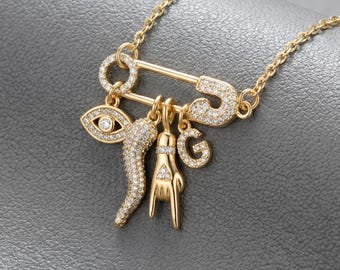 Italian Charm Safety Pin Necklace, Gold Cornicello, Mano Cornuto, Evil Eye Spiritual Jewelry