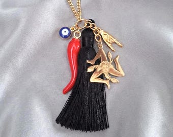 Sicily Trinacria Car Charm, Lucky Red Cornicello Keychain