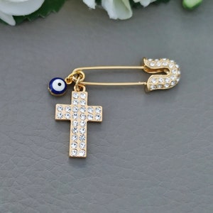 Cross Evil Eye Pin, Cross Pin, Gold Crystals Safety Pin, Cross Jewelry, Cross Brooch, Greek Mati Filakto