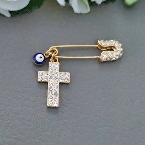 Cross Evil Eye Pin, Cross Pin, Gold Crystals Safety Pin, Cross Jewelry, Cross Brooch, Greek Mati Filakto